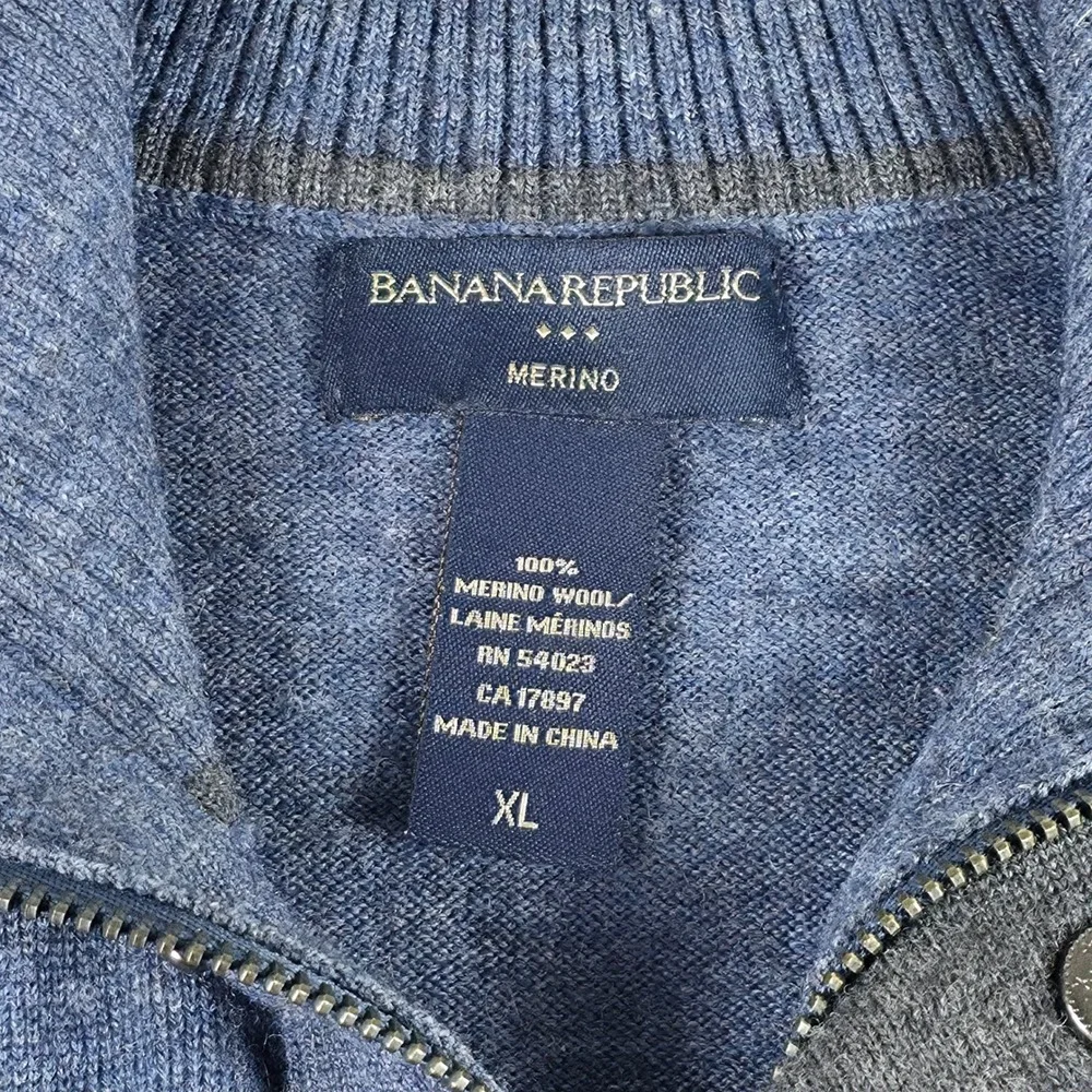 Banana Republic Sweater Mens XL Blue Merino Wool Quarter Zip Snap Mock Neck Knit